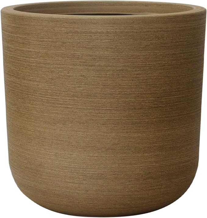 11 Inch Faux Wood Planter, Sandy Brushed Plastic Plant Pot with Drain Hole & Stopper, Lightweight Rustic Flower Pot for Indoor Outdoor, UV & Frost Resistant, Natural Wood Look