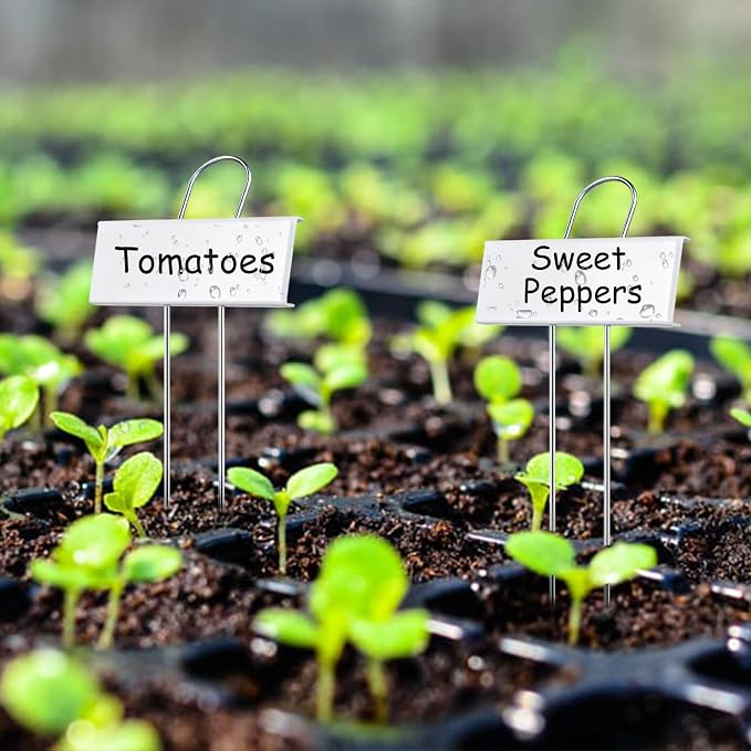 50 Pack Metal Plant Labels with 2 Pens - 10.6" Weatherproof Garden Markers, Reusable Nursery Tags for Vegetables Herbs Flowers Seedlings, White