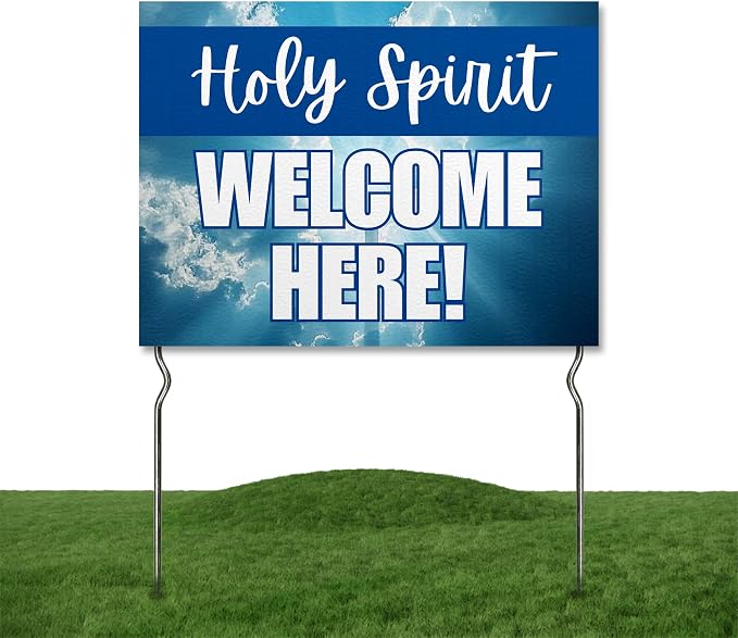Holy Spirit Welcome Here! Yard Sign by DC | 24"x18" Double Sided Church Garden Sign with 13” Metal Stakes | Outdoor Signs Waterproof for Lawn, Patio, Sidewalk & House | Set of 3 | Made in USA