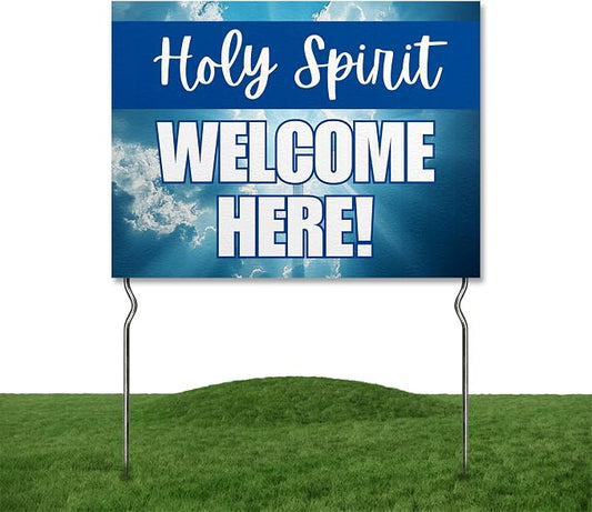 Holy Spirit Welcome Here! Yard Sign by DC | 24"x18" Double Sided Church Garden Sign with 13” Metal Stakes | Outdoor Signs Waterproof for Lawn, Patio, Sidewalk & House | Set of 4 | Made in USA