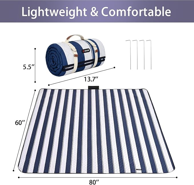 HX&OD Outdoor Picnic Blanket Extra Large, 80''*60'' Waterproof Picnic Mat with Stakes Foldable Camping Blanket Portable with Carry Strap for Beach Mat (Green& White, 80''*60'')
