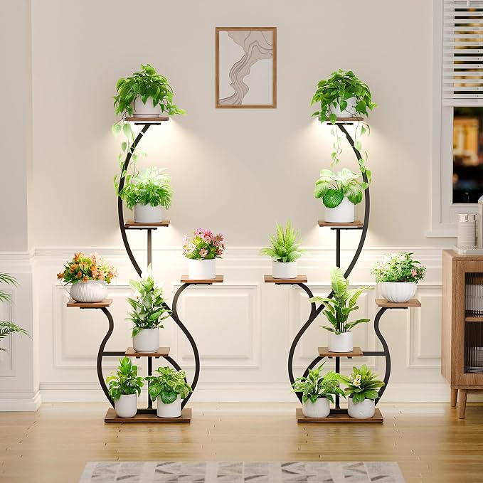 Plant Stand Indoor with Grow Light: 55" Tall Corner Shelf for Multiple Plants, Lighted Plant Stands for Indoor Growing, 6 Tiered S-Shaped Flower Display Stand for Living Room, Patio, Balcony (Black)