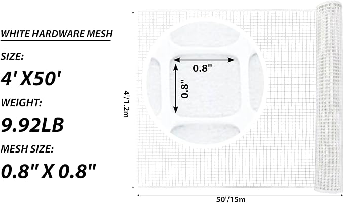 PotatoLife Plastic Hardware Mesh Netting, Garden Netting, Temporary Fence, Tree Guards, Safety Net for Balcony, Deck, Stair Railing, Animal Barrier, Poultry, Deer, with 50 Zip Ties, 4' x 50', White