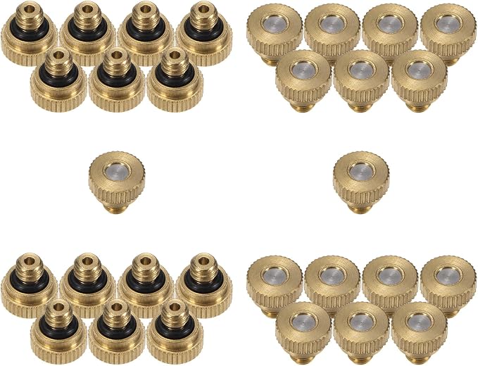 M METERXITY 30-Pack Brass Misting Nozzle, 0.004" 0.1mm Orifice 10/24 UNC O-Ring Replacement Mister Nozzles Plug Mister Heads for Garden Patio Outdoor Cooling System Low-Pressure Atomizing