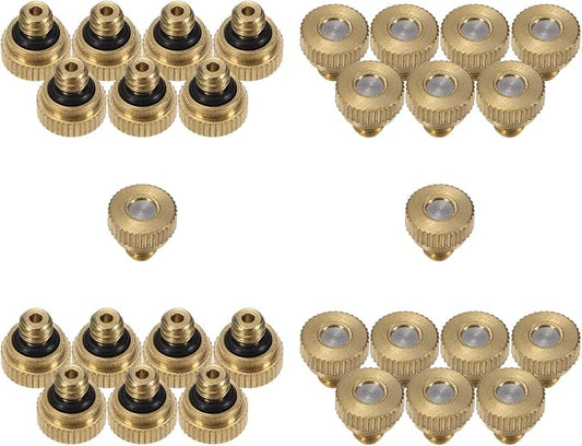 M METERXITY 30-Pack Brass Misting Nozzle, 0.004" 0.1mm Orifice 10/24 UNC O-Ring Replacement Mister Nozzles Plug Mister Heads for Garden Patio Outdoor Cooling System Low-Pressure Atomizing