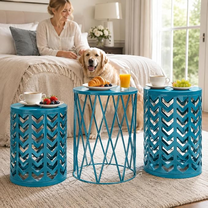 Y&M Outdoor Side Tables Set of 3, Round Metal Nesting End Coffee Tables, Indoor & Outdoor Accent Tables for Patio, Porch, Balcony, Garden, Sunroom, Living Room, Blue