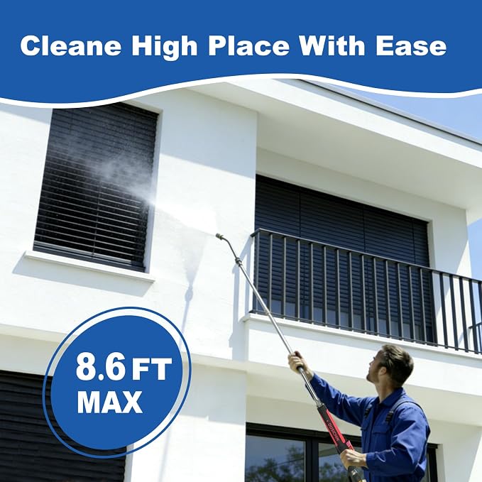DUSICHIN Pressure Washer Extension Wand Gutter Cleaning 8 FT Garden Hose Adapter, Upgarded Soft Handle 6 Nozzle Tips 3 Curved Rod for Gutter, 1/4" M22-14mm Fitting 3/4" GHT Connector DUS2612