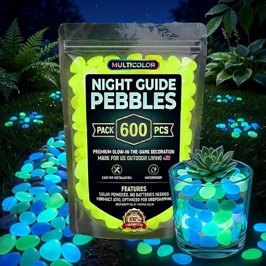 Glow Colorful in the Dark Garden Rocks – Night Guide Stones for Yard, Walkways, Fish Tanks & Landscaping, Luminous Outdoor Decorative Pebbles for Aquarium, Pathway, and Garden Decor (600, Yellow)