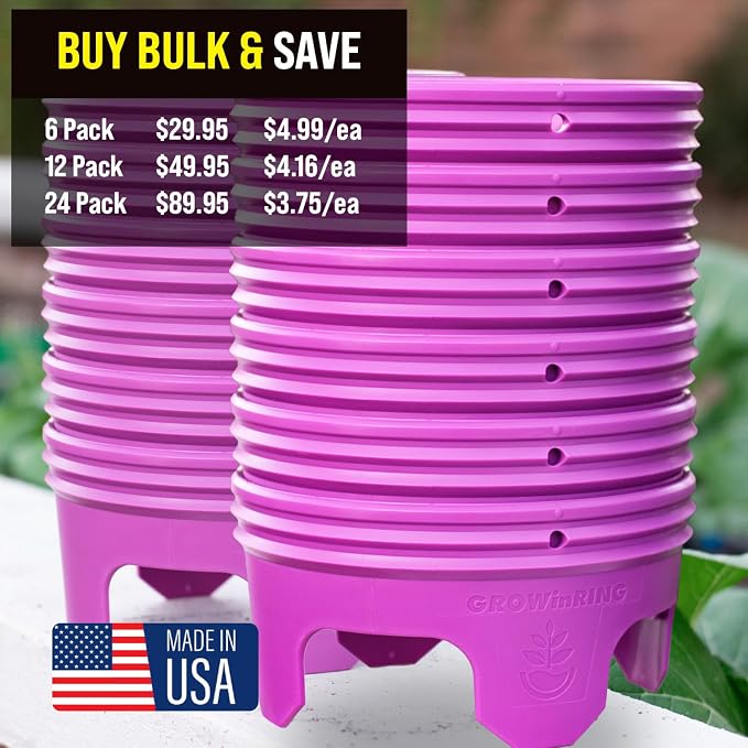 7 inch Solid Planting Grow Rings | 12 Pack Purple | One-Piece Design for Deep Root Watering Veggies, Herbs & Flowers | Mulch & Soil Barrier | Deter Slugs and Cutworms | Heavy Duty | Made in USA