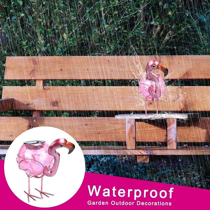 MUMTOP Flamingo Solar Light Outdoor Garden Decor, Solar Flamingo with Crackle Glass Globe Waterproof Tabletop Decorative Lights for Outside Patio Yard Decorations