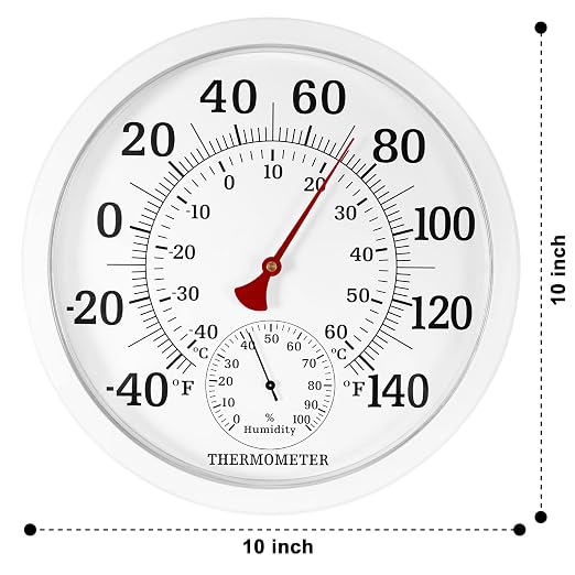 10.5 Inch Indoor Outdoor Thermometer Large Numbers - Weather Thermometer Hygrometer Waterproof, No Battery Needed Outdoor Thermometers for Patio, Home, Garden Decoration (White)