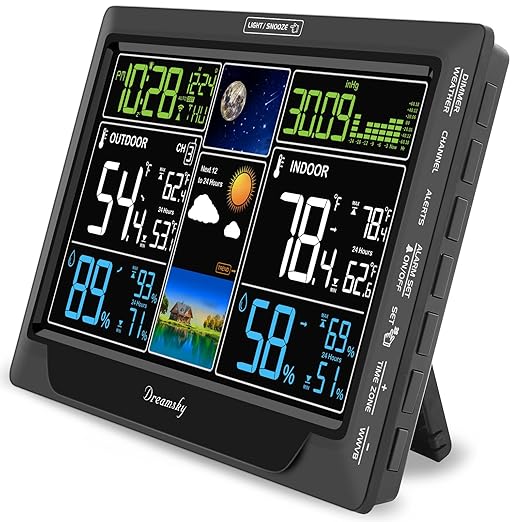DreamSky Weather Station Indoor Outdoor Thermometer Wireless for Home | Digital Atomic Clock, Large Display with Dimmer, Inside Outside Temperature Humidity Monitor, Auto DST (Plug-in)
