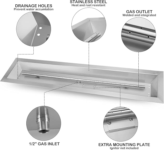 Stanbroil 48 x 6 Inch Stainless Steel Fire Pit Kits with Spark Ignition, Propane Gas Firepit Insert for Outdoor DIY Firepit Project - Propane Gas Version