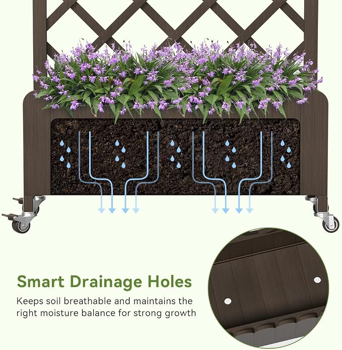 COMHOMA Planter Box with Trellis and Wheels, 48In Elevated Raised Garden Bed, Drainage Holes, Outdoor Lattice for Climbing Flowers, Vegetables, Patio Balcony, Brown