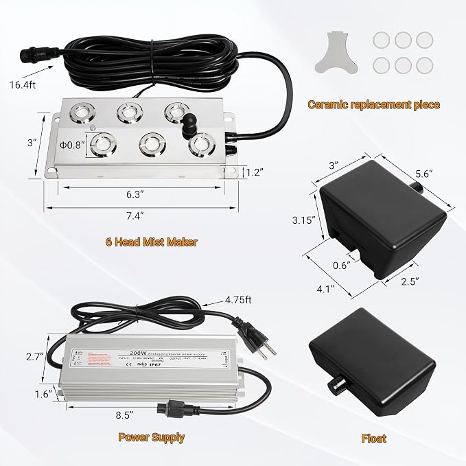 Ultrasonic Mist Maker Fogger 6 Heads, 5000ml/H Ultrasonic Fogger | 200W & IP67 Power Supply, with 2 Floats & 6 Atomizer Heads Replacements for Fountain Pond, Halloween