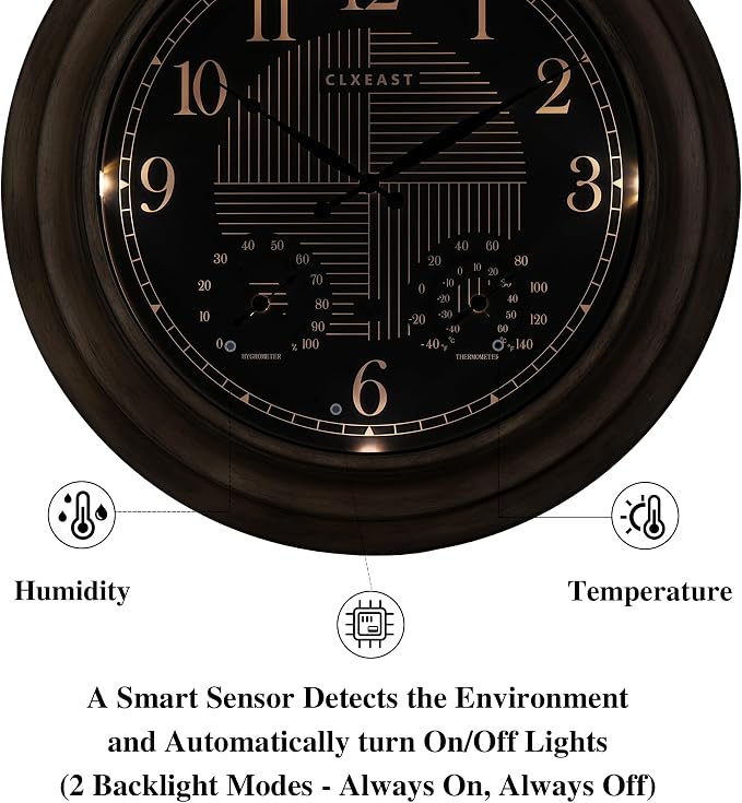 CLXEAST 24 Inch Self-Illuminated in/Outdoor Atomic Wall Clock with Temperature and Humidity, Oversized Large 24 Inch Wall Clocks for Living Room Decor, Brushed Grey Oak Finish