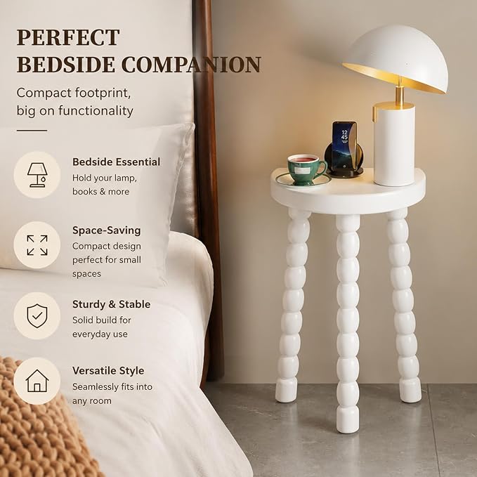 LitaEther 19.5" Wooden Bobbin Leg Side Table - Half Round Table - Wooden Accent Stool- Half Moon Tripod Table for Bedroom, Hallway, Living Room, Sofa Side (White,1pcs)