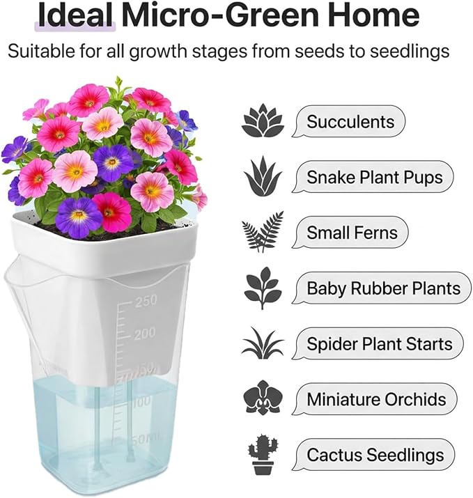 10 Pack 2.5" Self Watering Pots for Indoor Plants with Anti-Tip Tray & Reservoir Refill Bottle, Seed Starter Kit for Seedlings, Cuttings, Succulents, Herbs
