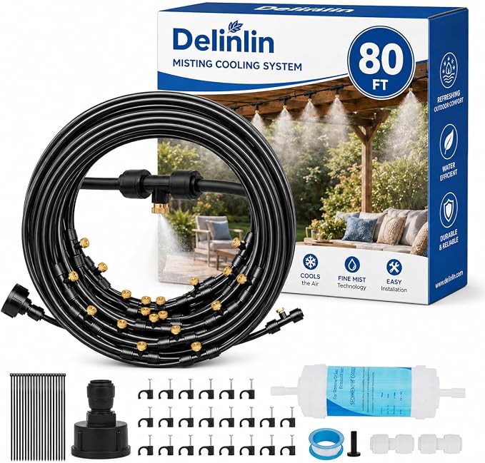 80FT Misters for Outside Patio, Outdoor Misting Cooling System with 16 Brass Nozzles & Filters, DIY Misting Kit for Backyard Garden Greenhouse Deck Umbrella Canopy Pool Porch Trampoline