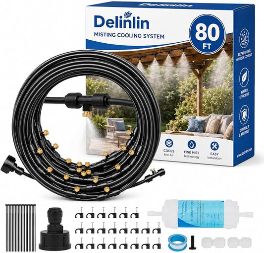80FT Misters for Outside Patio, Outdoor Misting Cooling System with 16 Brass Nozzles & Filters, DIY Misting Kit for Backyard Garden Greenhouse Deck Umbrella Canopy Pool Porch Trampoline