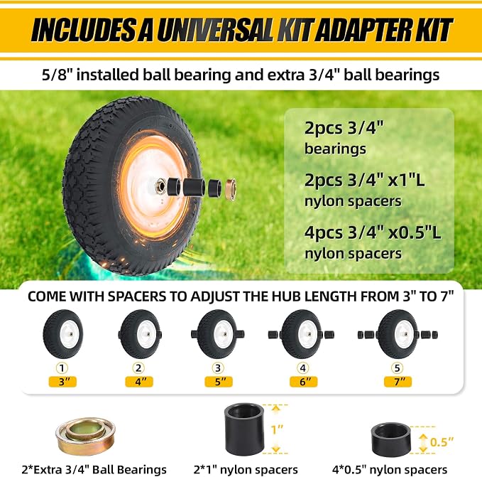 MZREXN 4.80/4.00-8" Tire and Wheel, 16" Pneumatic Wheelbarrow Tire | 5/8"&3/4" Bearings,3"-7"Centered Hub,Fit Hand Truck/Garden Carts/Yard Wagon/Utility Carts/Dolly/Trolley,White 2pcs