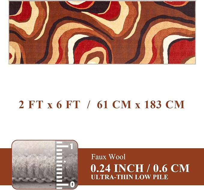 Burnt Orange Runner Rug 2x6 for Hallway,Farmhouse Brown Retro Carpets Washable,Geometric Abstract Wavy Rug,Unique Colorful Rugs for Dining Room,Kitchen,Bedside Rugs