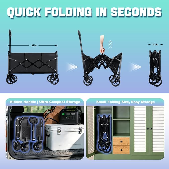 500LBS Collapsible Wagon Cart Foldable - 230L Large Heavy Duty Utility Cart with 360°Swivel Brake Wheels, Lightweight Collapsible Wagon for Groceries Camping & Beach