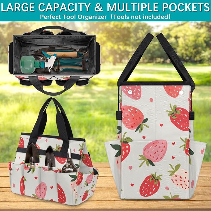 Strawberries Gardening Tool Bag,Heavy Duty Garden Tote Bag,Portable Oxford Gardening Storage Basket Organizer Handbag with Pockets Handle,Hand Tools Gifts for Outdoor Garden Lawn Yard