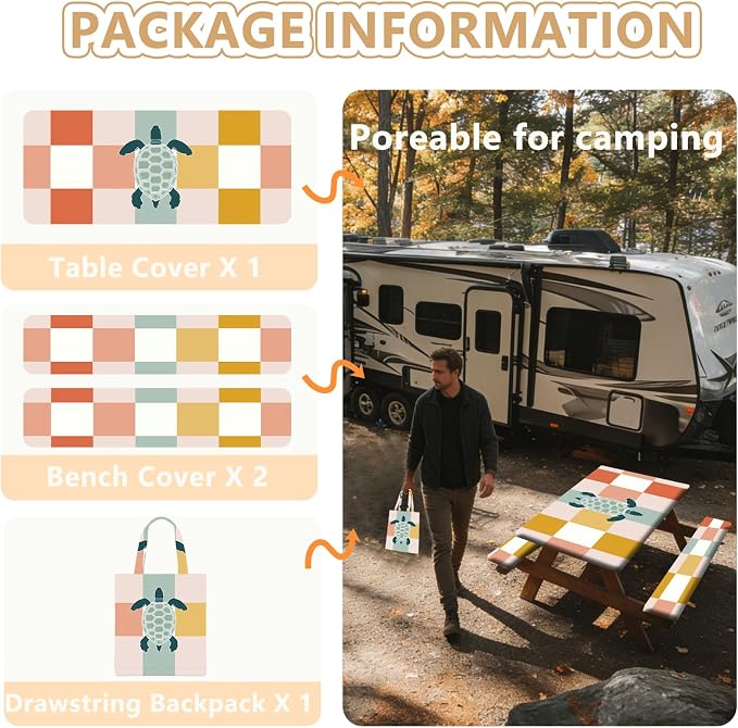 Picnic Table Cover with Bench Covers Elastic Edges, Outdoor Patio Camping Essentials 72 Inch 3PCS, Waterproof Camping Fitted Tablecloth with Handbags (Sea Turtle Checkered Art)