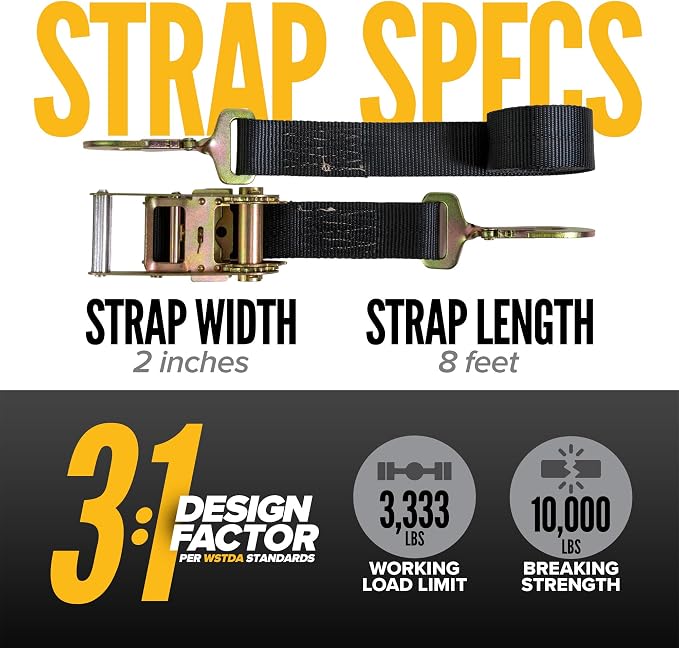 US Cargo Control Twisted Snap Hook Ratchet Straps 2 Inch x 8 Foot (4-Pack), 10,000 LBS Break Strength, Car Tie Down Straps for Trailers, Tie Down Cars, Motorcycles, Race Cars - Low-Profile Ratchet