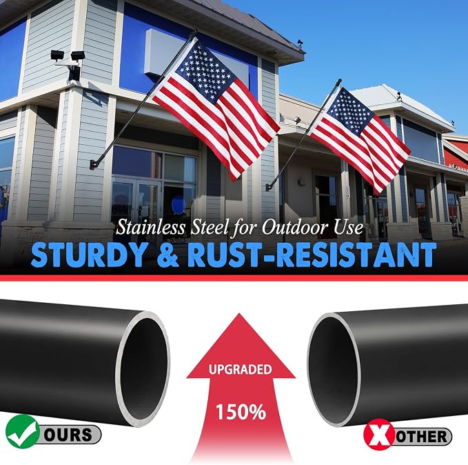 XIFAN American Flag with Pole Kit for Outside - 6FT Black Stainless Steel Flag Pole, 3x5FT Embroidered Flag, 180° Adjustable Bracket for House Porch, Residential Commercial Outdoor Use, Tangle Free