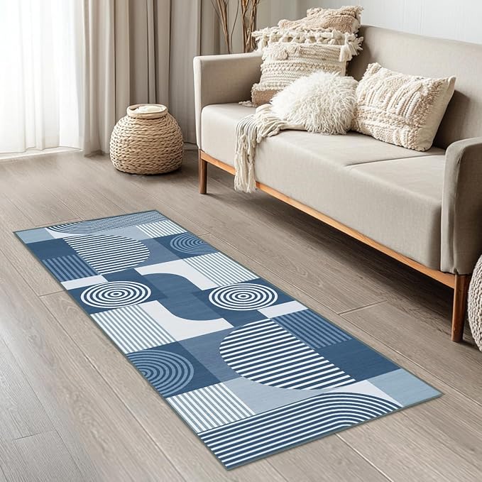 Blue Geometric 2x6 Runner Rug for Hallway Kitchen Bedroom Machine Washable Mid Century Modern Rug Non Slip Low Pile Minimalist Line Runner Rugs Long Floor Mat Carpet for Bathroom Laundry,Blue
