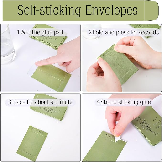 Whaline 200 Pcs Self Adhesive Wedding Favor Seed Packets Let Love Grow Green Envelope Minimalist Storage Pockets for Garden Office Gift Party Supplies, 3.5 x 2.4 Inch