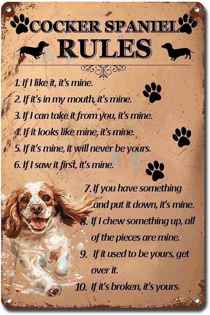 Metal Sign Tin Sign Vintage Wall Art Cocker Spaniel Rules Vintage Sign for Club 6×8 Inches