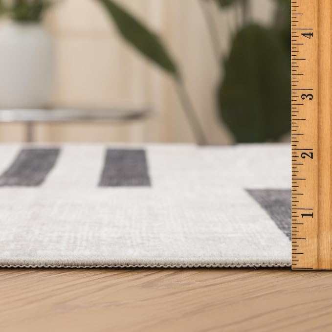 Machine Washable Area Rug Runner - Living Room Bedroom Bathroom Kitchen Entryway Office -Non-Slip Baking Low Pile Stain Resistant Premium - Modern Geometric Loki-Beige & Black 2'6" x 6'