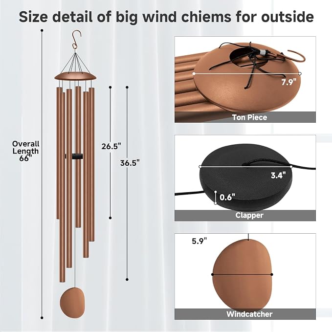 66" Extra Large Wind Chimes for Outside Deep Tone,6 Thick and Bold Aluminum Tubes Tuned Relaxing Melody Wind Chime,Big Wind Chimes for Garden Patio Decor,Great Gift Idea for Mother's Day(Coffee Brown)