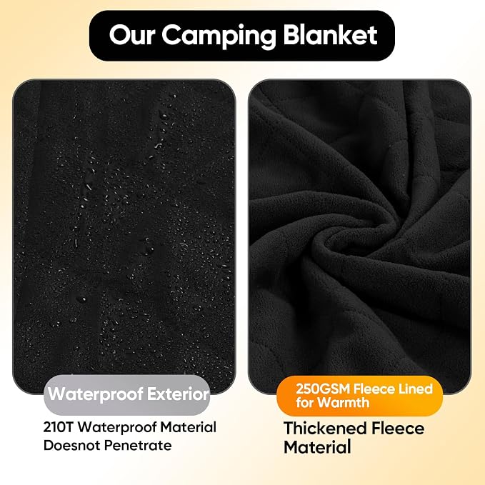 Waterproof Camping Blanket w/Fleece Lining, Large Stadium Blankets for Outdoor Cold Weather, Windproof Emergency Throw, LightWeight and Warm for Hiking, Dog, Picnic, Washable, 67”X 87” (Black, 1PCS)