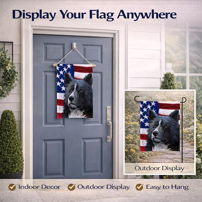 Caroline's Treasures CK6586GF Karelian Bear Dog American Flag Garden Flag Mailbox Flag Decorative Yard Flag Banner Outside Patio Artwork Yard Flower Beds, Garden Size, Multicolor