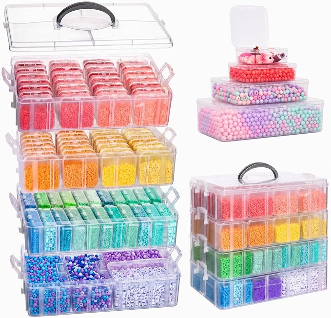 Bead Organizers and Storage, 84 Pcs Small Plastic Containers with Lids and 4-Tier Stackable Storage Box, Mini Clear Organizers for Jewelry Toys Craft Storage (4 tire different sizes 84pcs)