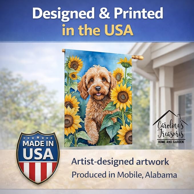 Caroline's Treasures DAC6057CHF Cockapoo in Sunflowers House Flag Large Porch Sleeve Pole Decorative Outside Yard Banner Artwork Wall Hanging, Polyester, House Size, Multicolor