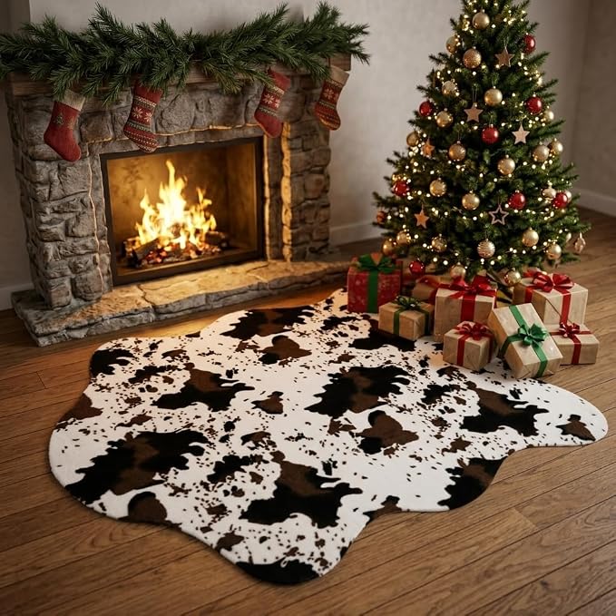 MustMat Faux Cow Print Rug, Modern Rustic Decor Rug 4'7" x 5'3" | Great for Living Room Corners & Fireplaces. Fits Western, Ranch Styles, Ideal for Christmas and Thanksgiving Decor