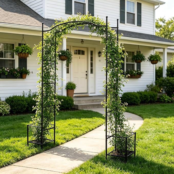 Metal Garden Arbors 93" Thickened Arch Trellis for Climbing Plants | Outdoor Arbor with Planter Box Rustproof Trellises Grapes Rose Wedding Arched Entrance Backdrop Stand Party Event Decoration
