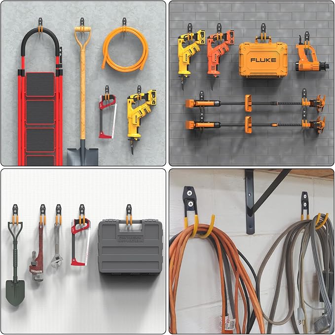 3-H Heavy Duty Garage Wall Hooks 8 Pack, 4.3 Inch Same Size, Anti-Slip PVC Coating Wall Mount Garage Storage Hooks for Ladders, Yard Tools, Shovel, Weed Eater, Hoses,Orange