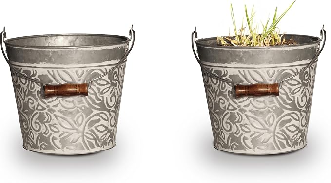 Headwind Vintage Collection - Floral Galvanized White Wash Planter with Handles – 12 Inch Flower Pots Decorative Plant Indoor – Plant Pots Indoor with Drainage By Robert Allen