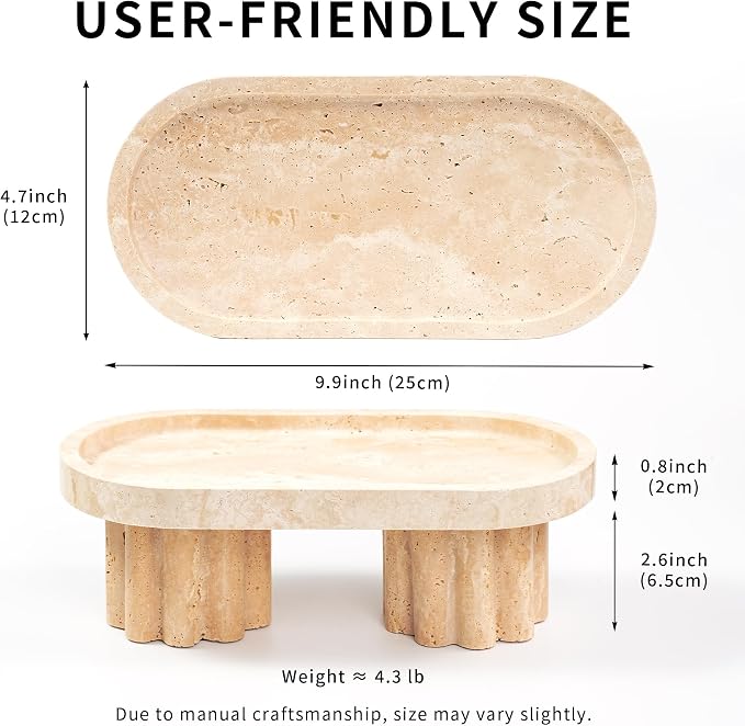 Travertine Marble Perfume Tray - Oval Decorative Stone Pedestal with Scalloped Legs for Bathroom Vanity Coffee Table Kitchen Countertop, Footed Jewelry Holders Organizers