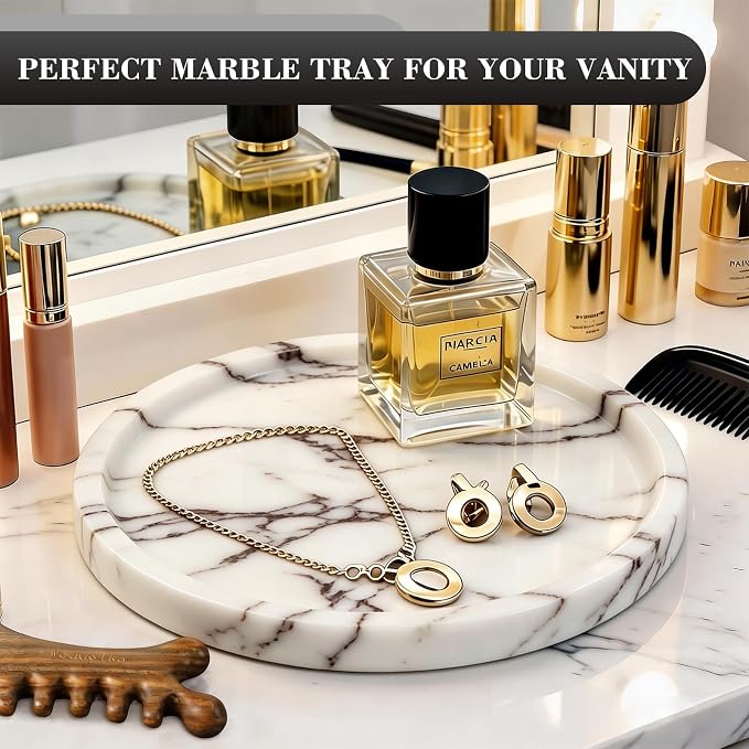 Natural Round Marble Tray - 7.8” Marble Perfume Tray for Dresser, Vanity, Bathroom, Decorative Jewelry Dish for Rings Earrings Necklaces, Stone Tray for Home Décor, Calacatta