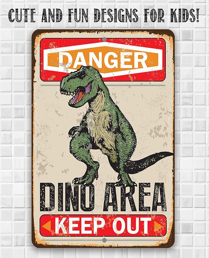 Danger Dinosaur Area Keep Out - Retro Funny Tin Sign for Wall Decor, Dinosaur Party Decoration Signs, Dinosaur Poster for Boys Room, 12x18 Use Indoors or Outdoors Durable Rustic Metal Sign