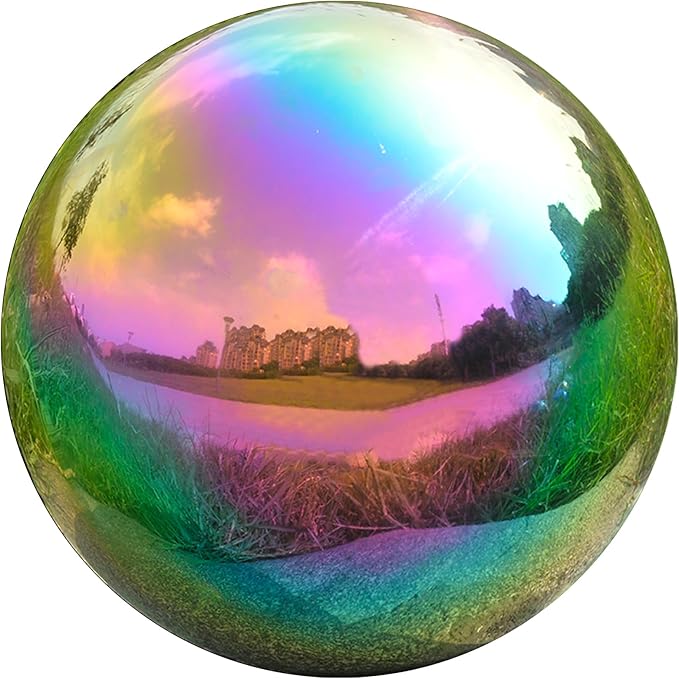 Gazing Ball Garden Mirror Outdoor - 10Inch Outside Decorative Globe Rainbow | Metal Polished Reflective Sphere, Stainless Steel Hollow Decoration Ornament for Home Pond Swimming Pool Housewarming Gift