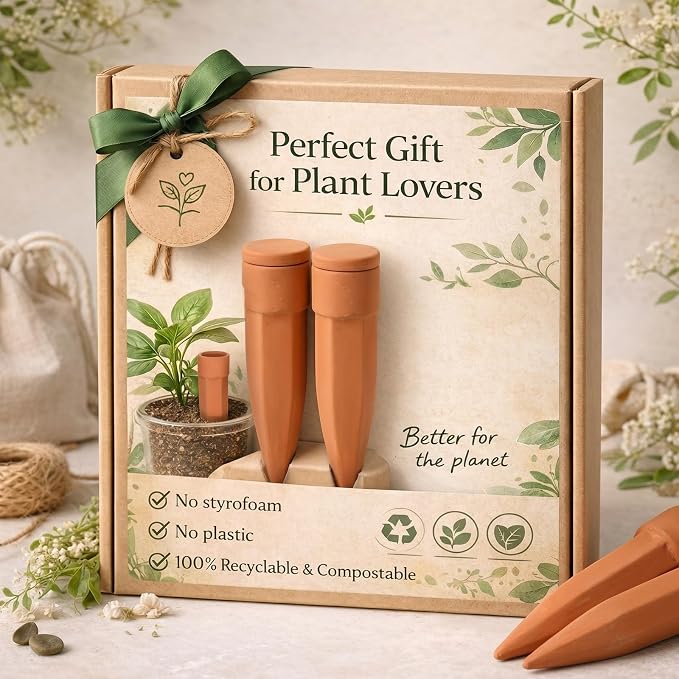 Honeydak 6pcs Small Terracotta Watering Spikes with Lids 4'' Automatic Plant Waterer Self Watering Stake Planter Insert Slow Release Device for Bottles 4-6'' Pot Plants Indoor Outdoor Garden Vacation