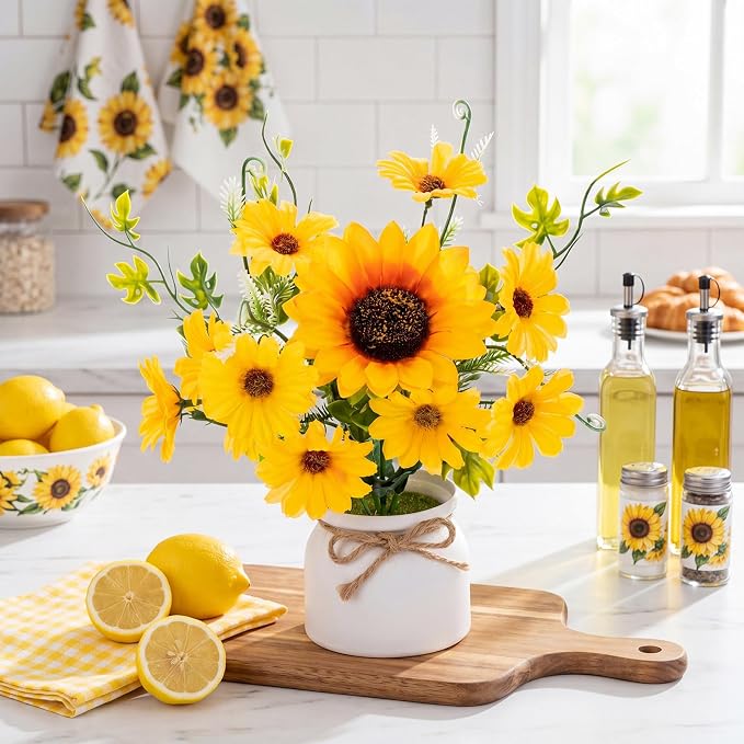 Zeyune 12 Pcs Sunflower Potted Plants Rustic Summer Spring Kitchen Wedding Table Centerpieces Silk Yellow Fake Flower with Plastic Pot for Home Bathroom Office (White,Daisy)